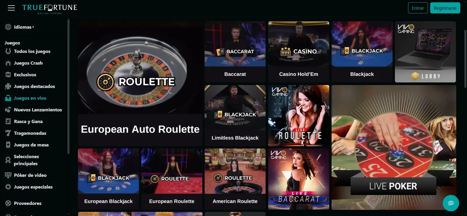 Mesa de casino en vivo disponible en el lobby de True Fortune