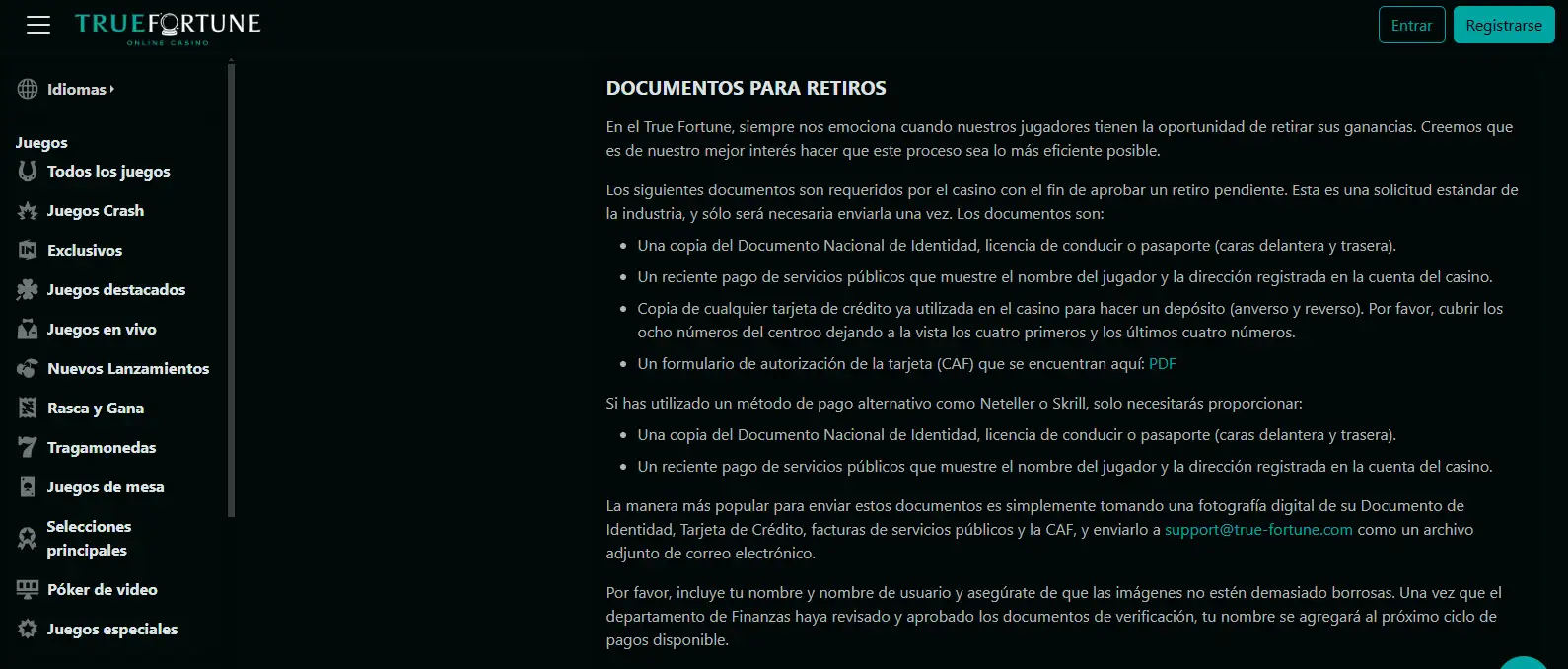 Sección bancaria de True Fortune con información sobre retiradas y verificación de identidad