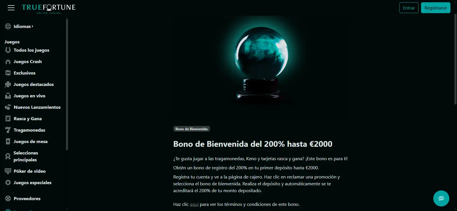Oferta de bienvenida de True Fortune en la página española
